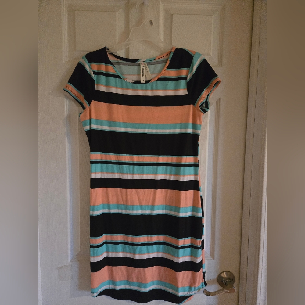 Striped Midi Dress in Black, Orange, and Teal